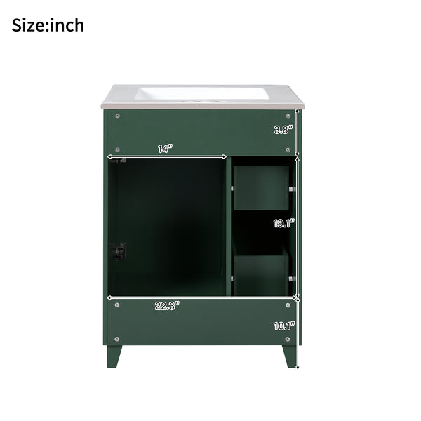 English Elm 24" Forest Green Bathroom Vanity Cabinet with Ceramic Sink, Soft-Close Door, 2 Drawers, Open-Back Access for Easy Plumbing and Durable Solid-Wood Frame N729P264336G