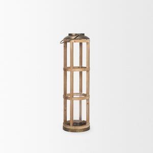 Mercana Andy I Tall Cylindrical Lantern – Rustic Farmhouse Candle Holder with Antique Brass Accents Natural Wood | 35H 68441