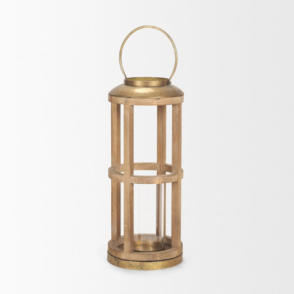 Mercana Andy I Tall Cylindrical Lantern – Rustic Farmhouse Candle Holder with Antique Brass Accents Natural Wood | 26H 68442