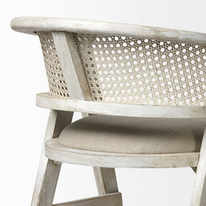 Mercana Tabitha Coastal-Inspired Counter Stool with Woven Cane Back and Cushioned Seat for Modern Spaces Beige Fabric | Blonde Wood | Bar 68497