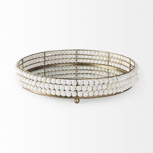 Mercana Decatur Elegant Round Tray with Mirrored Base & White Wooden Beads for Stunning Home Décor Display White Wood | Mirror 68674