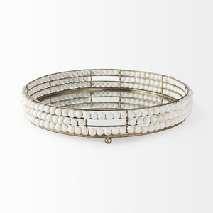 Mercana Decatur Elegant Round Tray with Mirrored Base & White Wooden Beads for Stunning Home Décor Display White Wood | Mirror 68674