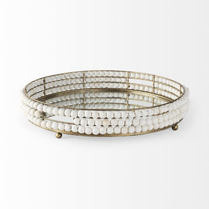 Mercana Decatur Elegant Round Tray with Mirrored Base & White Wooden Beads for Stunning Home Décor Display White Wood | Mirror 68674