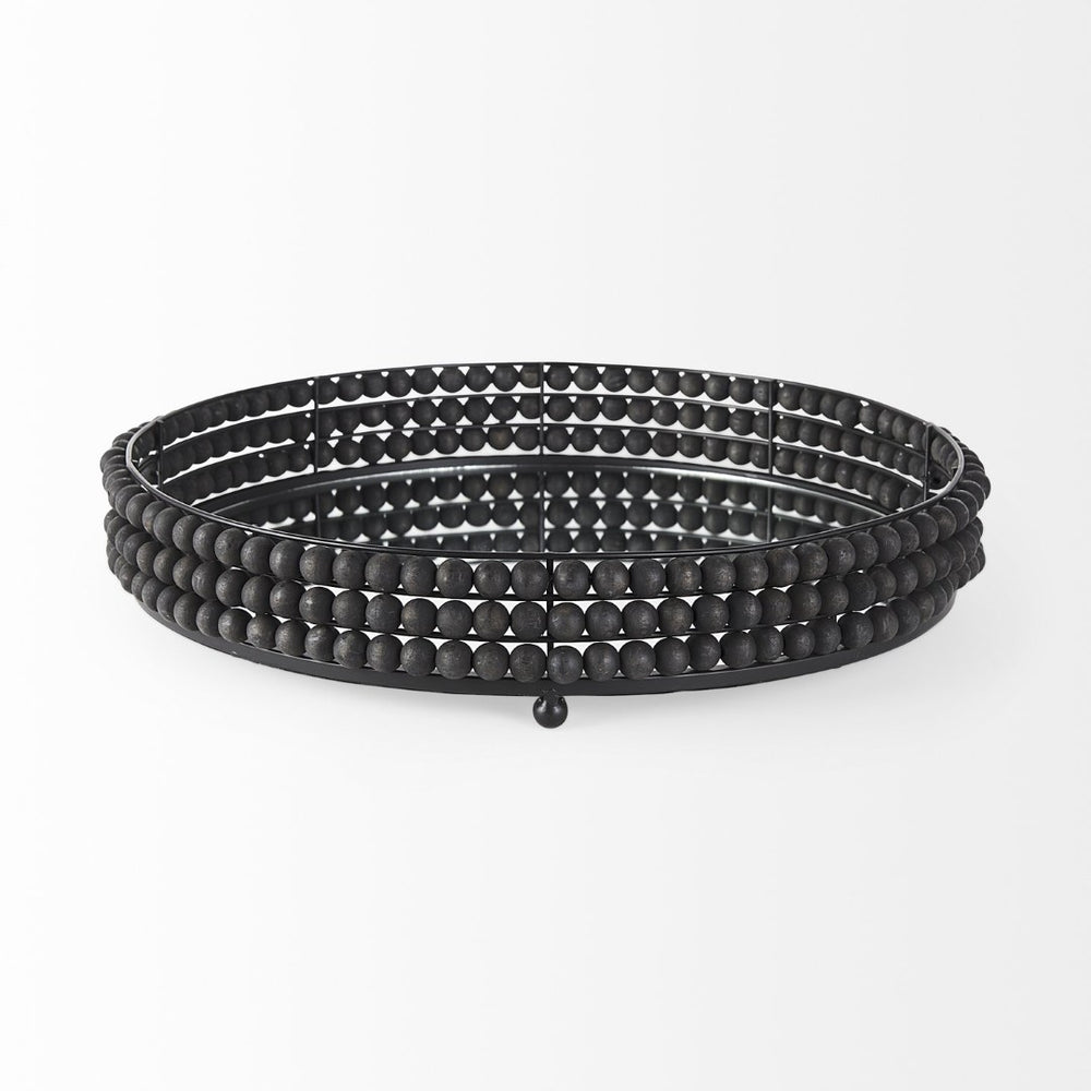 Mercana Decatur Elegant Round Tray with Mirrored Base & White Wooden Beads for Stunning Home Décor Display Black Wood | Mirror 68675