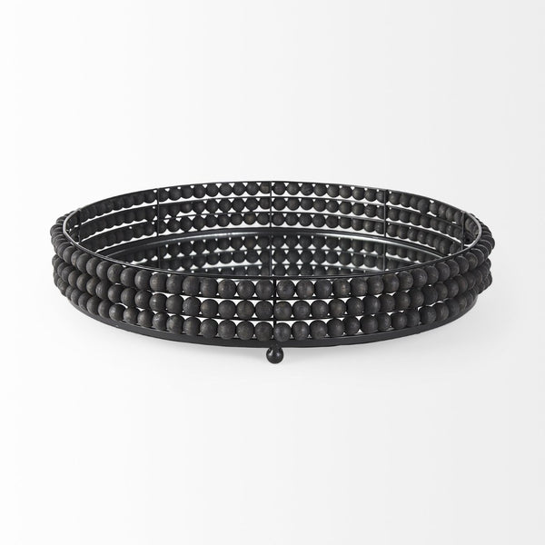 Mercana Decatur Elegant Round Tray with Mirrored Base & White Wooden Beads for Stunning Home Décor Display Black Wood | Mirror 68675