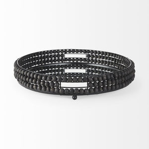 Mercana Decatur Elegant Round Tray with Mirrored Base & White Wooden Beads for Stunning Home Décor Display Black Wood | Mirror 68675