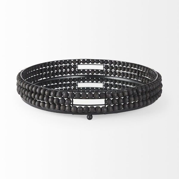 Mercana Decatur Elegant Round Tray with Mirrored Base & White Wooden Beads for Stunning Home Décor Display Black Wood | Mirror 68675