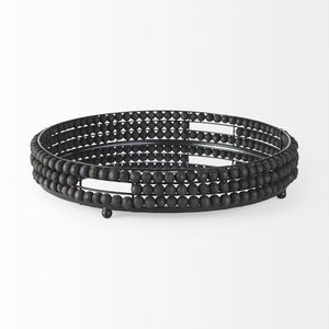 Mercana Decatur Elegant Round Tray with Mirrored Base & White Wooden Beads for Stunning Home Décor Display Black Wood | Mirror 68675