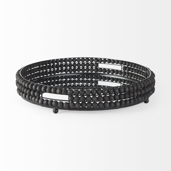 Mercana Decatur Elegant Round Tray with Mirrored Base & White Wooden Beads for Stunning Home Décor Display Black Wood | Mirror 68675