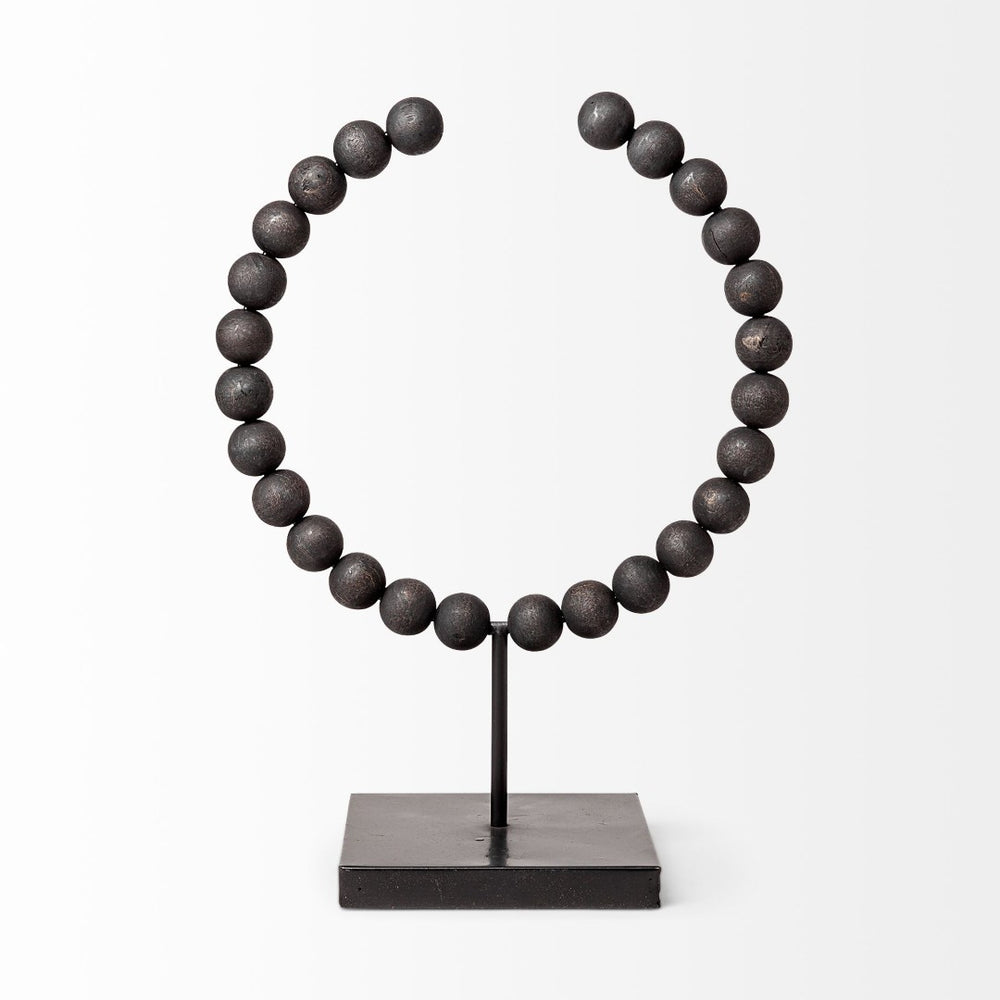 Mercana Pontchartrain Decorative Object - Hand-Finished White Beaded Broken Sphere with Gold Base Accent Black Wood | 15.6H 68683