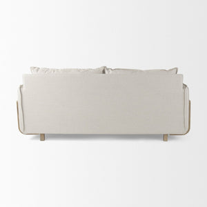 Mercana Roy 84" Upholstered Three-Seater Sofa with Detachable Cushions and Throw Pillows for Ultimate Comfort Beige Fabric | Brown Wood 68700