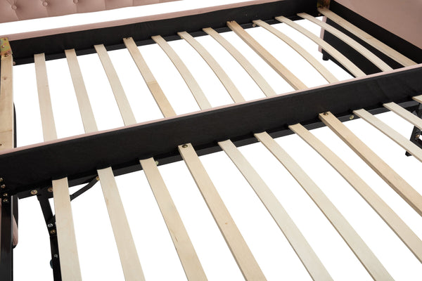 English Elm Twin Velvet Upholstered Daybed with Trundle, V-Pattern Backrest, USB Port, Side Pockets, Sturdy Design Pink W1361S00042