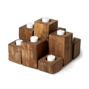 Mercana Cassius Light Brown Nine Wood Block Table Candle Holder  68453