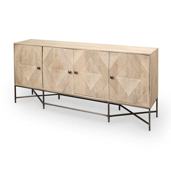 Mercana Hogarth 72-Inch Two-Tone Solid Wood Sideboard with Geometric Doors – Stylish Storage for Any Space Blonde Wood | Gold Metal 68515