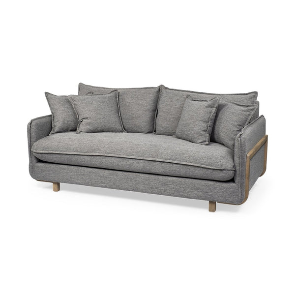 Mercana Roy 84" Upholstered Three-Seater Sofa with Detachable Cushions and Throw Pillows for Ultimate Comfort Castlerock Gray Fabric | Brown Wood 68711