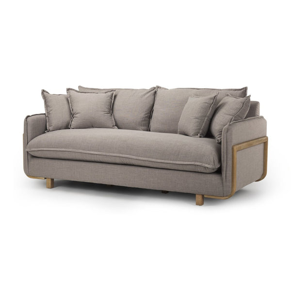 Mercana Roy 84" Upholstered Three-Seater Sofa with Detachable Cushions and Throw Pillows for Ultimate Comfort Flint Gray Fabric | Brown Wood 68710
