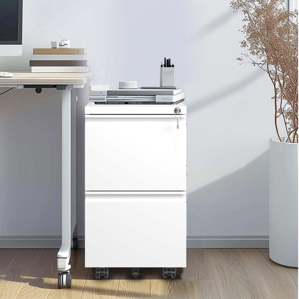 English Elm 2 Drawer Metal Mobile File Cabinet with Locked Security, Removable Hanging Bars, Smooth Casters and Anti-Tip Stability for Organized Office Storage Antique White T2398P171203