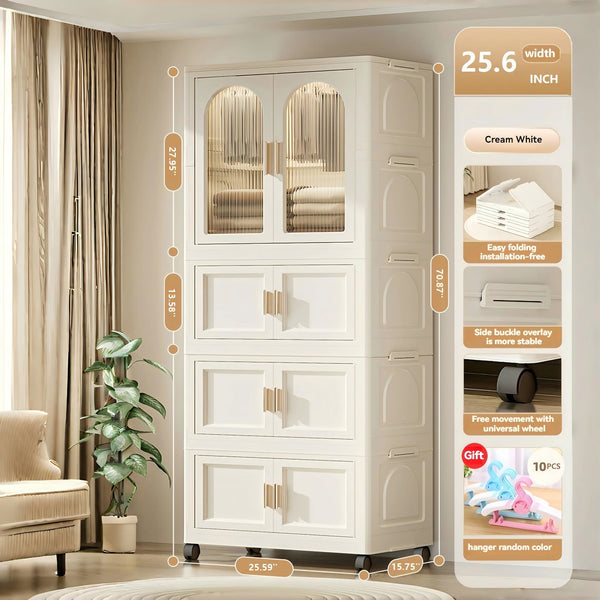 English Elm 25.59" Cream White Folding Wardrobe with Wheels, Magnetic Door, Durable PP, 1 Closet + 3 Boxes +10 Hangers W2873P239389