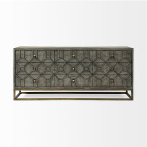 Mercana Genevieve Luxurious 9-Drawer Sideboard with Gold Frame, Gray Fir Veneer for Chic Home Storage Solutions Gray Wood | Gold Metal 68116