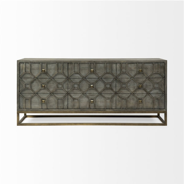 Mercana Genevieve Luxurious 9-Drawer Sideboard with Gold Frame, Gray Fir Veneer for Chic Home Storage Solutions Gray Wood | Gold Metal 68116