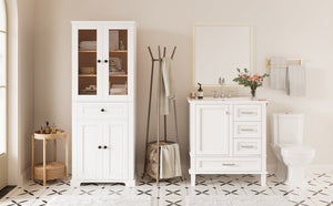 English Elm 67.57" Tall Matte Cabinet Vanity Combo with Glass Doors Soft-close Drawers Sink White N729P000033K