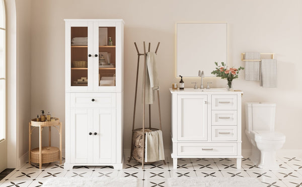 English Elm 67.57" Tall Matte Cabinet Vanity Combo with Glass Doors Soft-close Drawers Sink White N729P000033K
