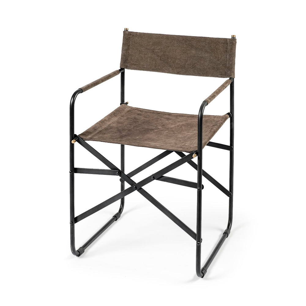 Mercana Direttore Industrial Folding Dining Chair with Suede Seat - Rustic Charm for Modern Spaces Brown Seude (Gray Tones) | Black Metal 68796