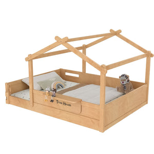 English Elm Queen House Shaped Kids Floor Bed Pine Wood Frame with Guardrails and Personalized Headboard Natural W1580P396335
