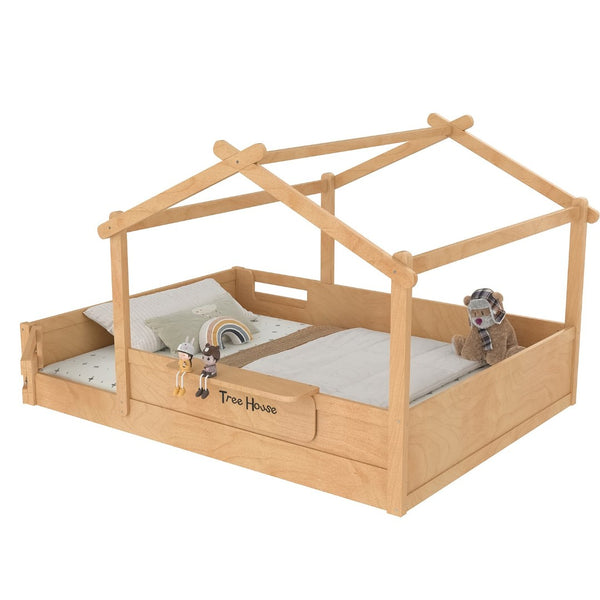 English Elm Queen House Shaped Kids Floor Bed Pine Wood Frame with Guardrails and Personalized Headboard Natural W1580P396335