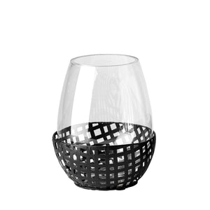 Mercana Reena Small Woven Metal Base Candle Holder with Hurricane Glass for Stylish Home Décor Lighting Black Metal | 8H 68937