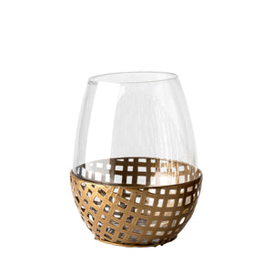 Mercana Reena Small Woven Metal Base Candle Holder with Hurricane Glass for Stylish Home Décor Lighting Gold Metal | 8H 68938