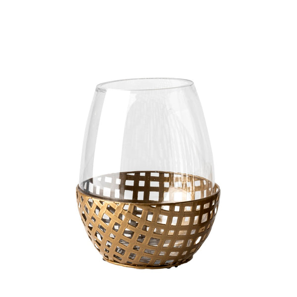 Mercana Reena Small Woven Metal Base Candle Holder with Hurricane Glass for Stylish Home Décor Lighting Gold Metal | 8H 68938