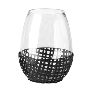 Mercana Reena Small Woven Metal Base Candle Holder with Hurricane Glass for Stylish Home Décor Lighting Black Metal | 10H 68939