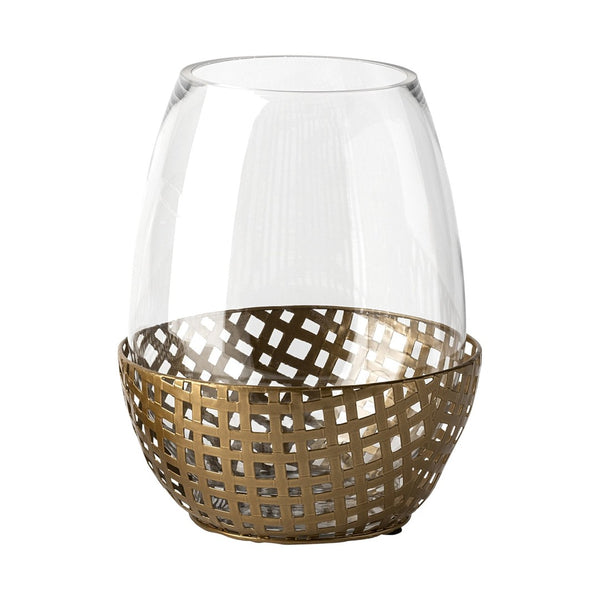 Mercana Reena Small Woven Metal Base Candle Holder with Hurricane Glass for Stylish Home Décor Lighting Gold Metal | 10H 68940