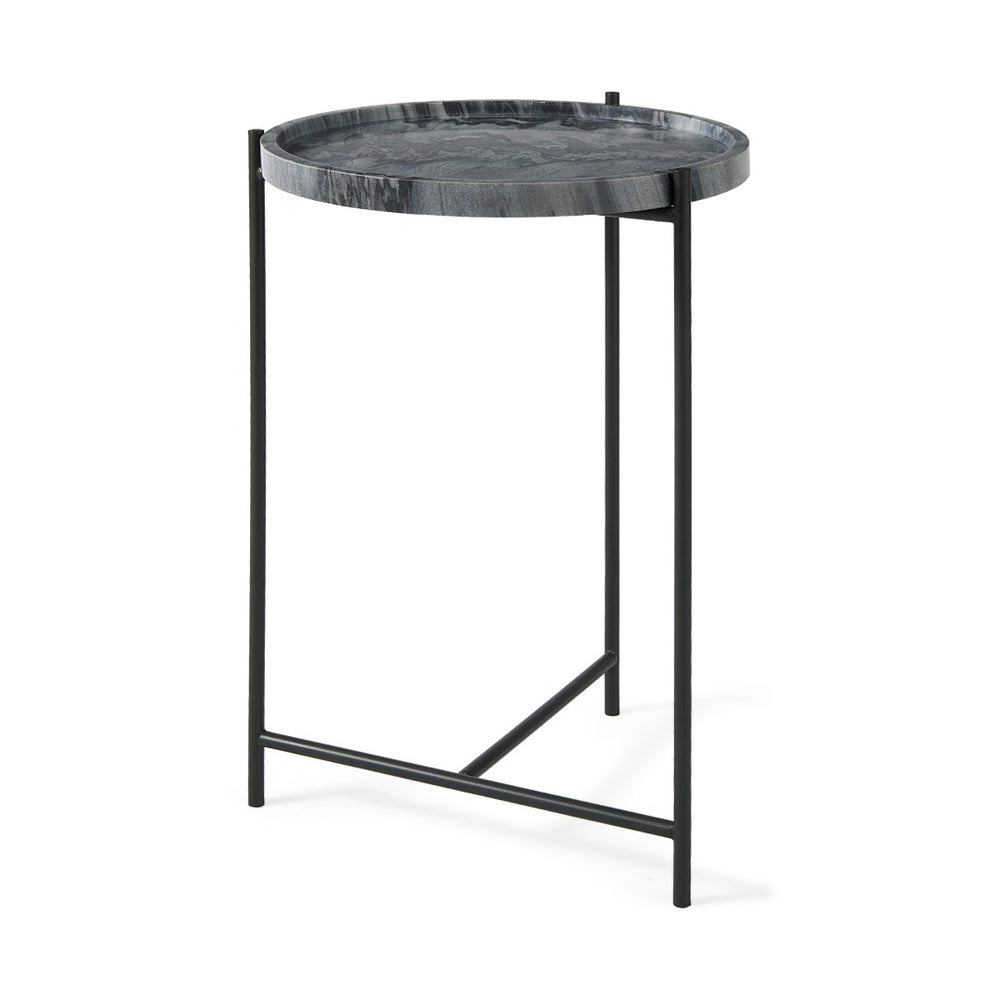 Mercana Stella Round Accent Table with Sculptural Elegance and Durable Design for Modern Living Spaces Gray Marble | Black Metal 68959