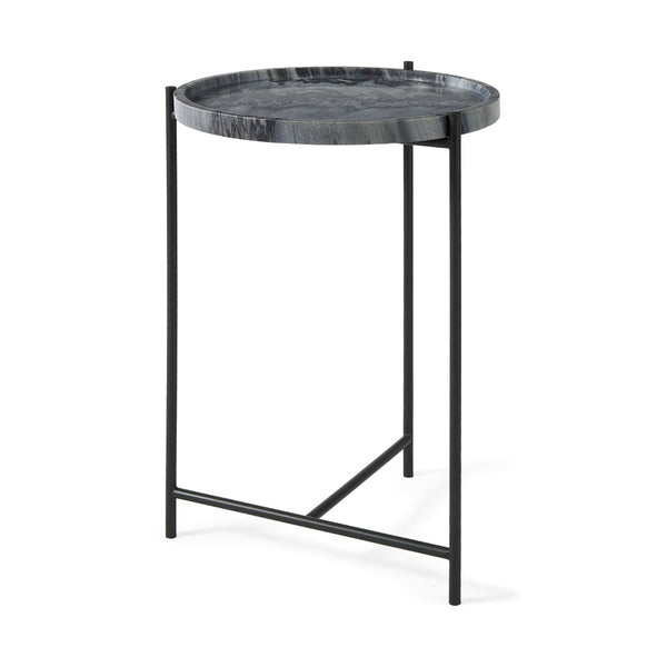 Mercana Stella Round Accent Table with Sculptural Elegance and Durable Design for Modern Living Spaces Gray Marble | Black Metal 68959