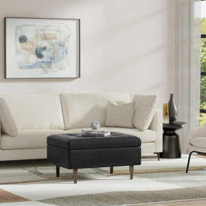 English Elm Shay Mid Century Storage Ottoman Coffee Table with Lift-Top, Tufted Vegan Leather, Wood Frame Distressed Black B136P252679