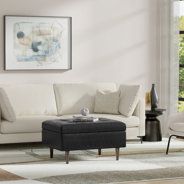 English Elm Shay Mid Century Storage Ottoman Coffee Table with Lift-Top, Tufted Vegan Leather, Wood Frame Distressed Black B136P252679