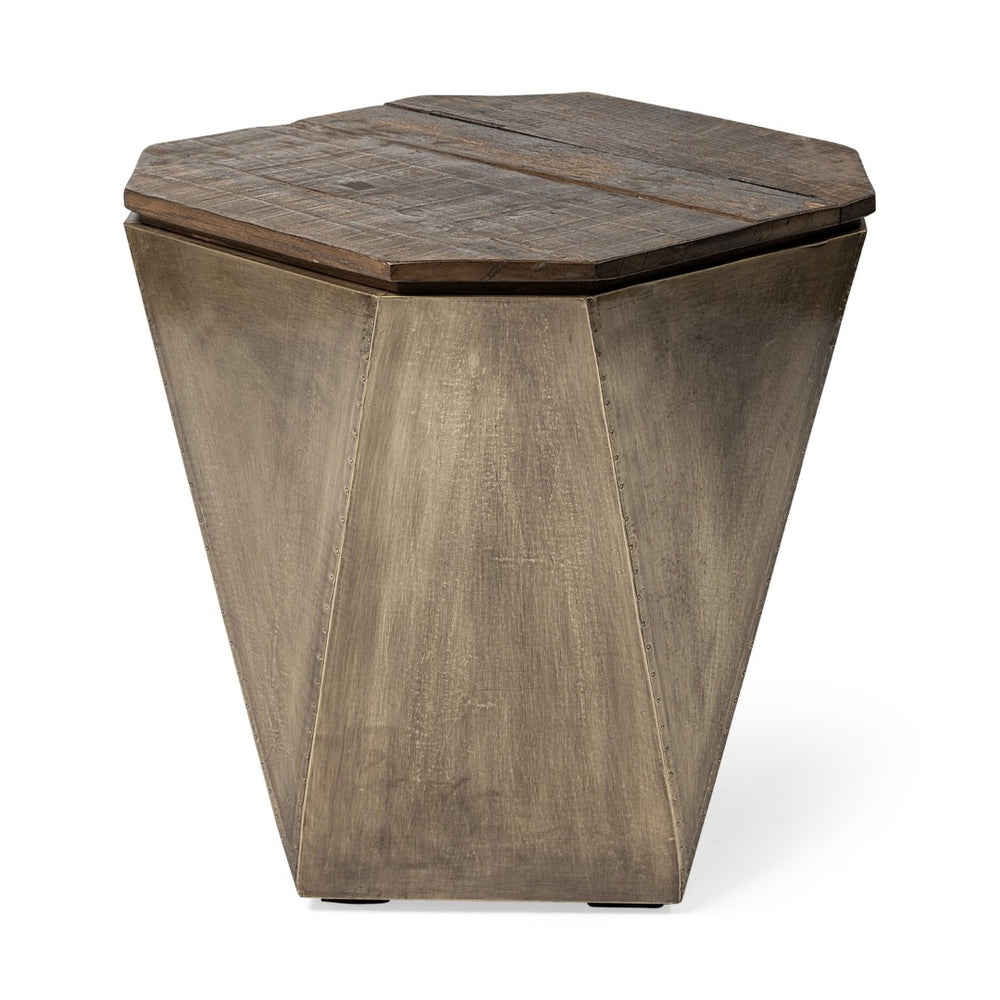 Mercana Esagono Octagonal Reclaimed Wood End Table with Storage - Rustic Industrial Accent for Any Space Natural Wood | Brass 68902