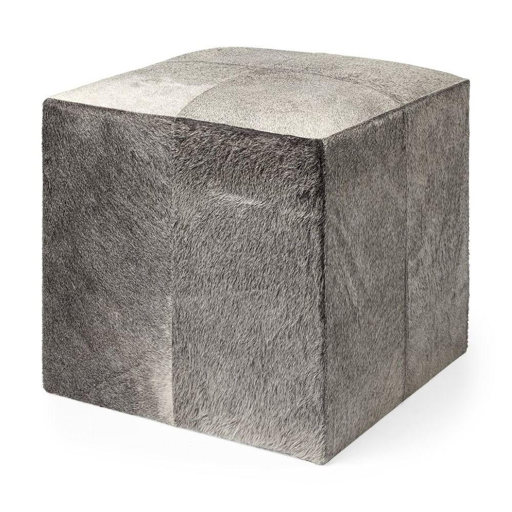 Mercana Zahavi I Handcrafted Cowhide Ottoman - Versatile Cube Accent for Modern, Boho, or Luxe Interiors Grey Hair-On-Hide 69055