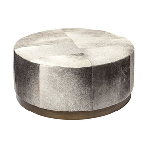 Mercana Zahavi Luxurious Round Ottoman with Unique Cowhide Upholstery and Brass-Finished Metal Base 69057