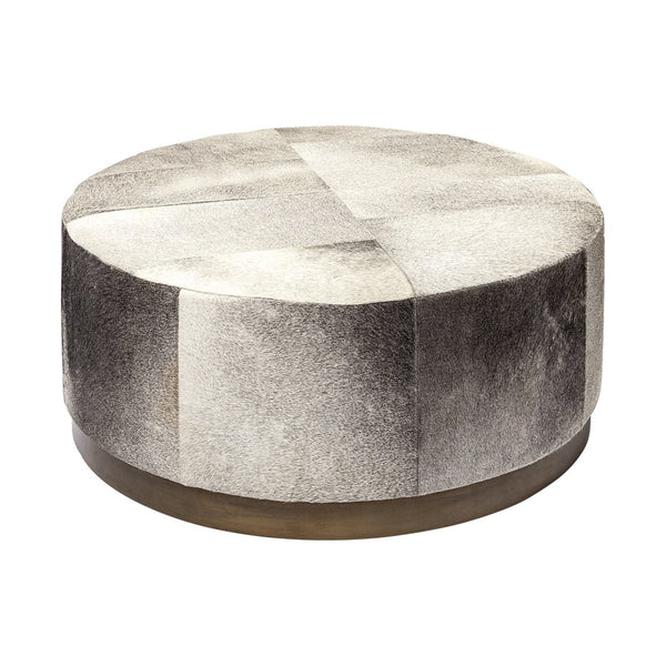 Mercana Zahavi Luxurious Round Ottoman with Unique Cowhide Upholstery and Brass-Finished Metal Base 69057