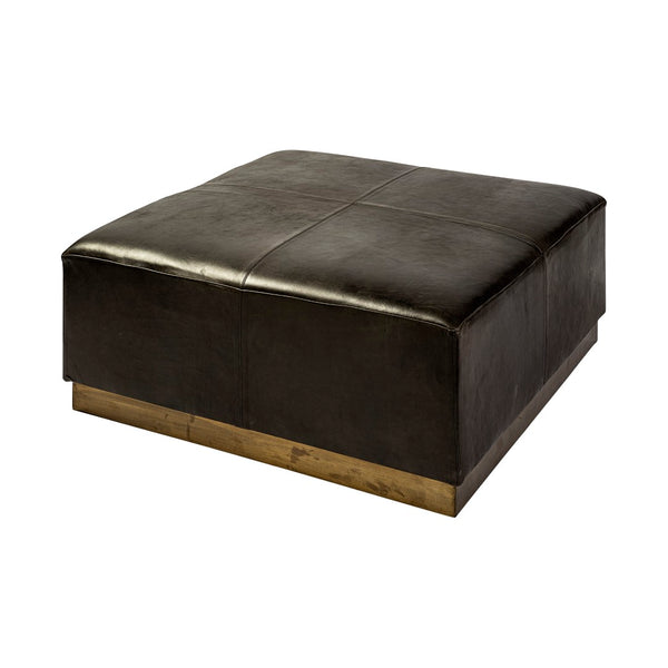 Mercana Minara 36" Square Ottoman – Stylish Leather & Metal Accent for Modern Living Spaces & Versatile Use Black Leather | Gold Metal 69059