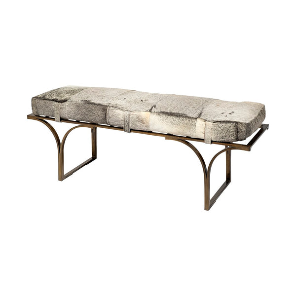 Mercana Jessie Accent Bench: Luxurious Leather Upholstery with Sturdy Metal Base for Modern Living Spaces White/Gray Hair-On-Hide | Gold Metal 69060