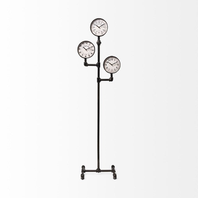 Mercana Trifect Industrial Three-Face Floor Clock - Unique Multi-Time Zone Design for Urban Style Spaces 68030