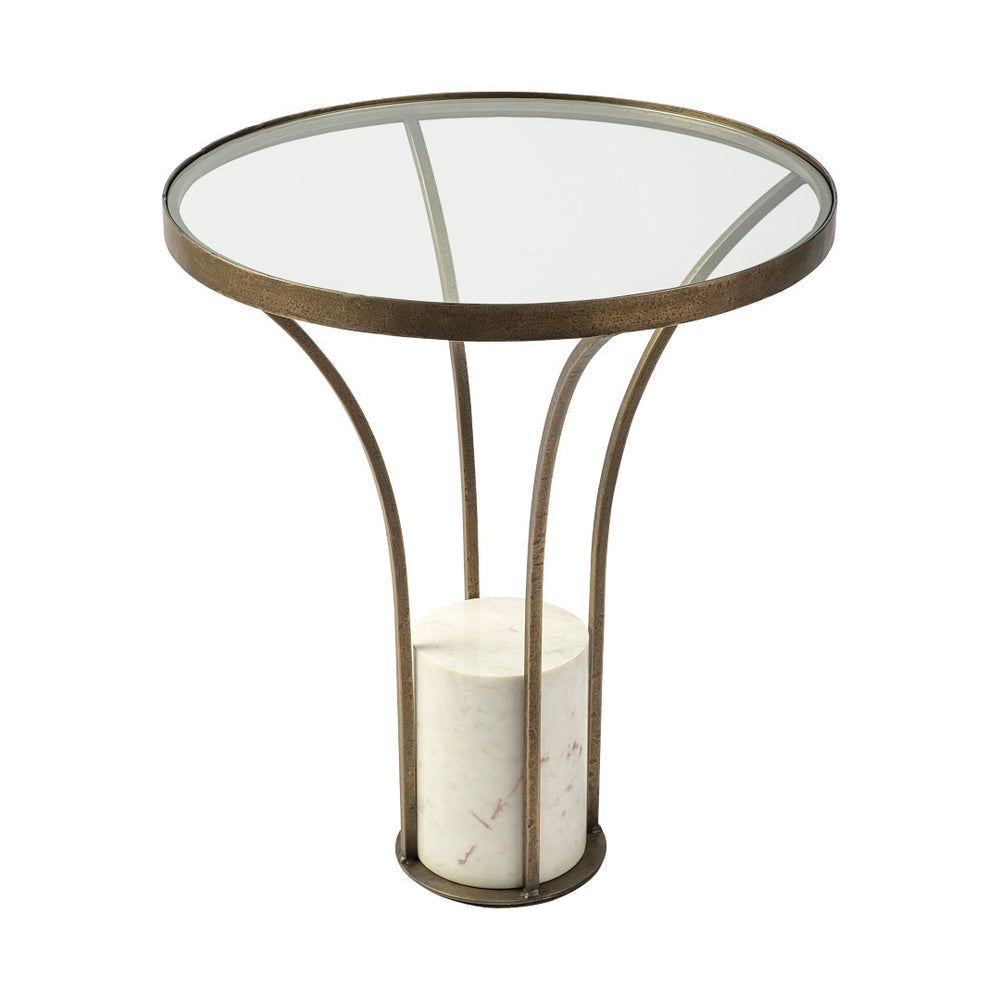 Mercana Jacinta 21" Round Pedestal End Table – Luxe Art Deco Style with Sculptural Iron Frame & Clear Top 69053-AB