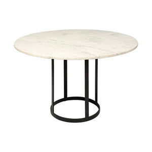 Mercana Tanner Round Marble Dining Table – Luxe White Stone Top with Industrial Gunmetal Iron Base for 4 68849-AB