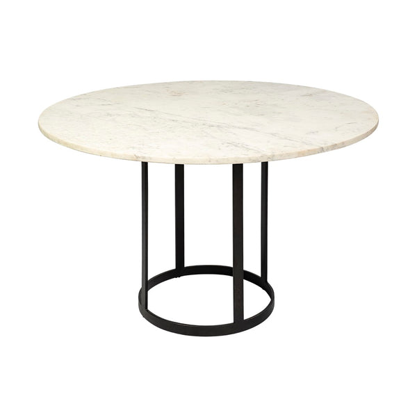 Mercana Tanner Round Marble Dining Table – Luxe White Stone Top with Industrial Gunmetal Iron Base for 4 68849-AB