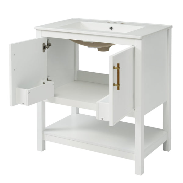 English Elm 30-Inch White Bathroom Vanity With Ceramic Sink - Stylish Storage Solution For Small Spaces! WF325888AAK