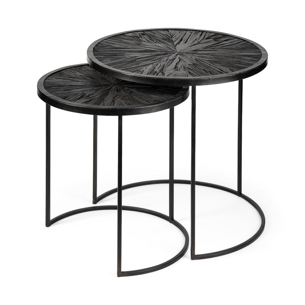 Mercana Chakra 19.7" Set of Two Round Dark Wood Top Iron Frame Accent Tables for Modern Living Spaces 68987
